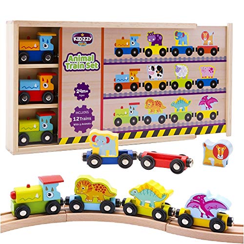 Product Cover Wooden Trains Set (21 PCS) with 3 Dinosaurs 3 Farm 3 Zoo Animals with Box and Cover - Train Toys Magnetic Set Toy Train Sets for Kids Toddler Gift for Christmas and Birthday for Boys and Girls