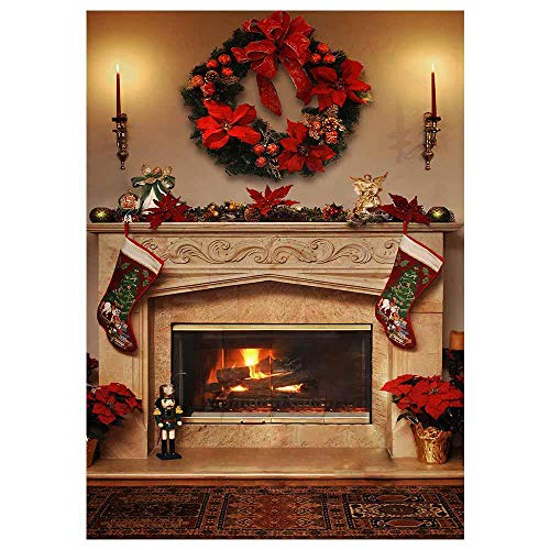 Product Cover Funnytree 5x7ft Winter Christmas Fireplace Photography Backdrop Interior Vintage Xmas Stockings Background Portrait Photobooth Banner Party Decorations Photo Studio Props