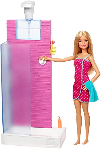 Product Cover Barbie Doll and Furniture Set, Bathroom with Working Shower and Three Bath Accessories, Gift Set for 3 to 7 Year Olds
