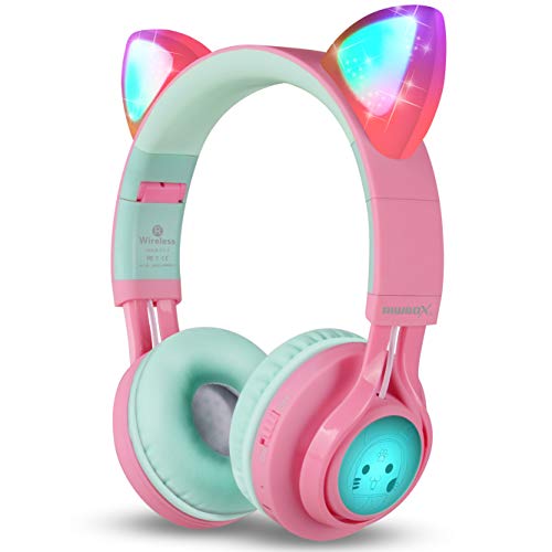 Product Cover Riwbox Bluetooth Headphones, Riwbox CT-7 Cat Ear LED Light Up Wireless Foldable Headphones Over Ear with Microphone and Volume Control for iPhone/iPad/Smartphones/Laptop/PC/TV (Pink&Green)