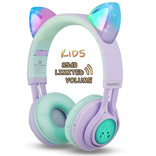 Product Cover Kids Headphones, Riwbox CT-7S Cat Ear Bluetooth Headphones 85dB Volume Limiting,LED Light Up Kids Wireless Headphones Over Ear with Microphone for iPhone/iPad/Kindle/Laptop/PC/TV (Purple&Green)