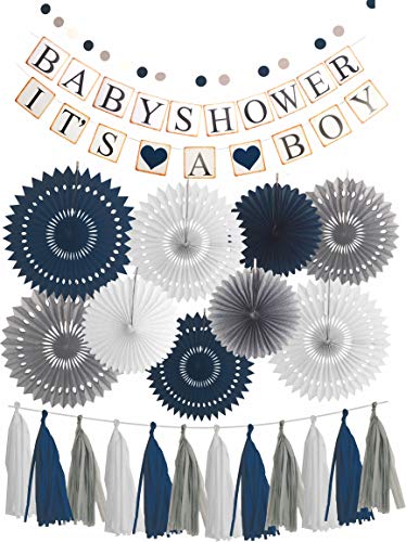 Product Cover Blue White Grey Baby Boy Baby Shower Decorations/Grey Elephant Baby Shower, Blue Baby Shower Decorations for Boy - Its A Boy Party Decor (Dark Blue)