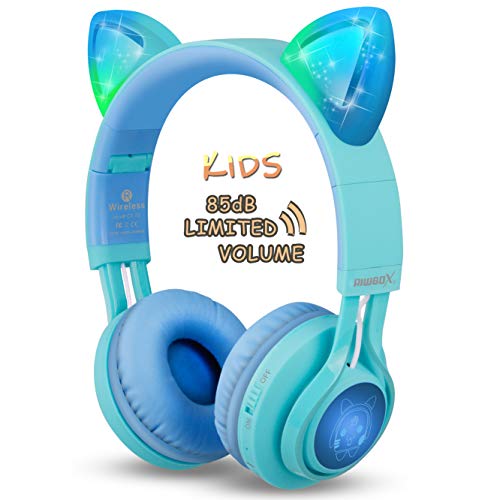 Product Cover Kids Headphones, Riwbox CT-7S Cat Ear Bluetooth Headphones 85dB Volume Limiting,LED Light Up Kids Wireless Headphones Over Ear with Microphone for iPhone/iPad/Kindle/Laptop/PC/TV(Blue&Green)