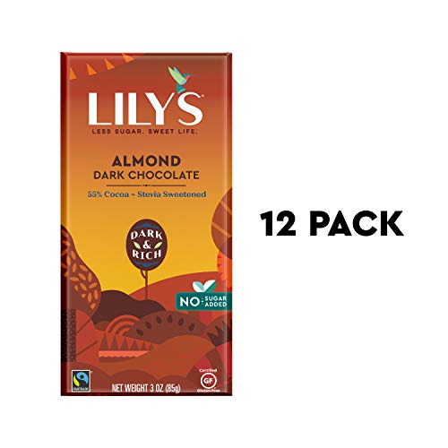 Product Cover Almond Dark Chocolate Bar by Lily's Sweets | Stevia Sweetened, No Added Sugar, Low-Carb, Keto Friendly | 55% Cacao | Fair Trade, Gluten-Free & Non-GMO | 3 ounce, 12-Pack