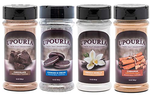 Product Cover Upouria Coffee Topping Variety Pack - Chocolate, Cookies N Cream, French Vanilla and Cinnamon with Browns Sugar - 5.5 Ounce Shakeable Topping Jars - (Pack of 4)