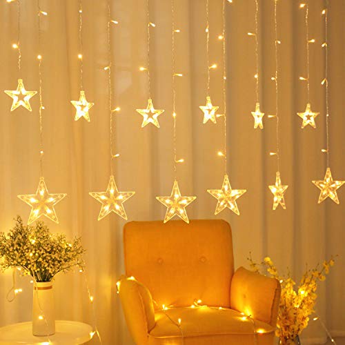 Product Cover Areskey Star Christmas Lights,138 LED 12 Star Curtain String Lights,Waterproof Star Lights Decorative Bedroom Indoor Outdoor Window Wedding Party Garden,8 Modes RF Remote,Warm White