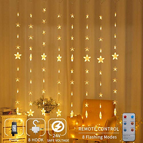 Product Cover Zhuohao 80 Star Curtain Lights, Star Christmas Lights with Remote Control, 144 LEDs Window Curtain Light with 8 Flashing Modes for Christmas, Wedding, Party, Home, Indoor, Outdoor, Warm White