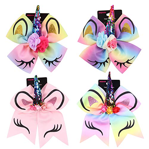 Product Cover Unicorn Cheer Hair Bow - Party Supplies Ombre Rainbow Hair Clips, Ponytail holders, Hair Ties, Grosgrain Ribbon Clasp-Free, Gift Box For Free, Great for Teens Girls Birthday, Party, Dancing, Outfits