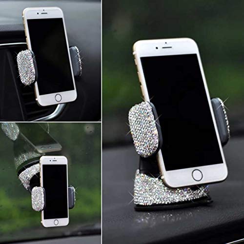 Product Cover TISHAA Bling Rhinestone Universal Super Cute 360 Car Windshield Dashboard Mount Suction Adjustable Phone Holder for Easy View GPS Screen, iPhone & Android (White 360)