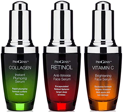 Product Cover Progenix Professional Skin Care Set. Anti-aging serum set contains Collagen Serum, Retinol Serum, Vitamin C Serum. Helps with the appearance of wrinkles, plump skin, and brighten skin. 1oz each.