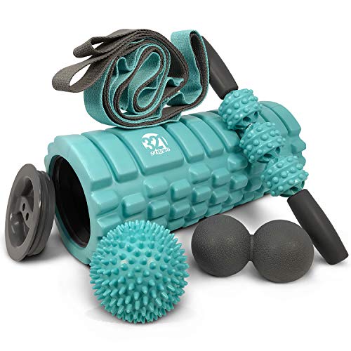 Product Cover 321 STRONG 5 in 1 Foam Roller Set Includes Hollow Core Massage Roller with End Caps, Muscle Roller Stick, Stretching Strap, Double Lacrosse Peanut, Spikey Plantar Fasciitis Ball, All in Giftable Box