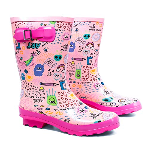 Product Cover AMAWEI Kids Rain Boots for Boys Girls Baby/Toddler/Little Kids/Big Kids Rubber Garden Shoes (13, Pink Graffiti)