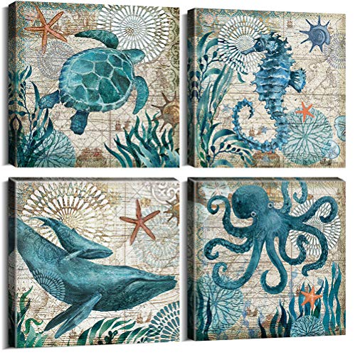 Product Cover Bathroom Wall Decor Canvas prints Wall Art for Living Room Teen Room Home Decorations Kids Gifts Rustic Beach Theme Sea Turtle Octopus Horse Nautical Pictures House Office 4 Piece Set 12x12 Inch Frame