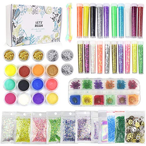 Product Cover LET'S RESIN Resin Jewelry Making Supplies Kit,50 Pack Art Craft Supplies for Resin, Slime, Nail Art, DIY Craft, Including Glitter,Mylar Flakes,Dry Flowers, Beads,Wheel Gears,Foil,Glass Stone etc