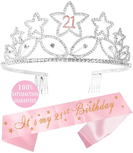 Product Cover 21st Birthday Tiara and Sash, Happy 21st Birthday Party Supplies, Finally 21 Glitter Satin Sash and Crystal Tiara Birthday Crown, 21st Birthday Party Decoration Kit(Silver)