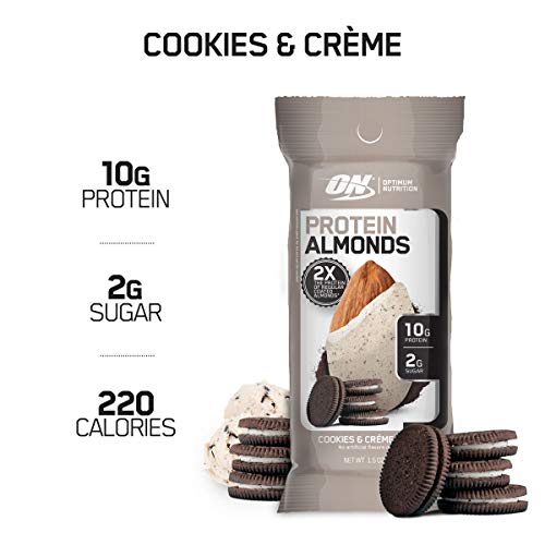 Product Cover Optimum Nutrition Protein Almonds Snacks, On The Go Nutrition, Flavor: Cookies & Cream, Low Sugar, Made with Whey Protein Isolate, 1.5 OZ (12 Count)