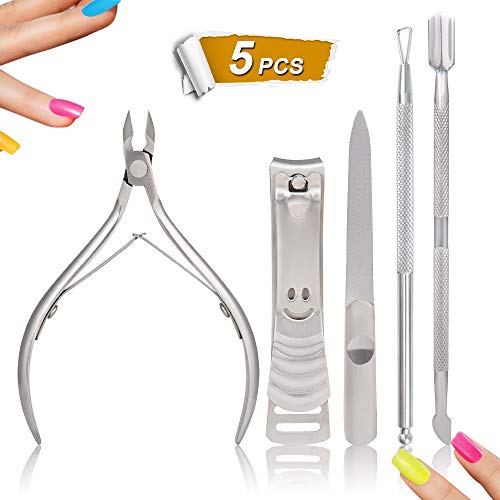 Product Cover 【UPGRADED VERSION】5PCS Cuticle Trimmer Set contains Cuticle Pusher Nail clipper, Professional Grade Stainless Steel Cuticle Nippers, Premium Sharp Blade Cuticle Cutter Pedicure Tool, Comfortable Grip