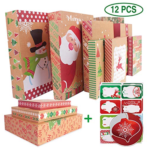 Product Cover 12 Kraft Christmas Gift Boxes with Lids for Wrapping Large Clothes and 80-Count Foil Christmas Tag Stickers (Assorted Size for Wrapping Robes,Sweater, Coat Shirts and Clothes Xmas Holiday Present)