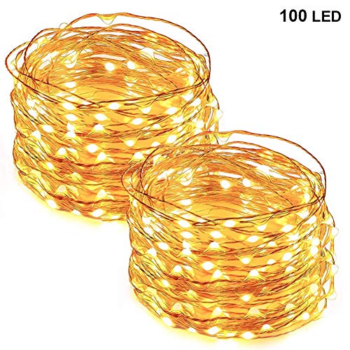 Product Cover Twinkle Star 33FT 100 LED Copper Wire String Lights Fairy String Lights Battery Operated LED String Lights for Christmas Wedding Party Home Holiday Decoration, Warm White, 2 Pack