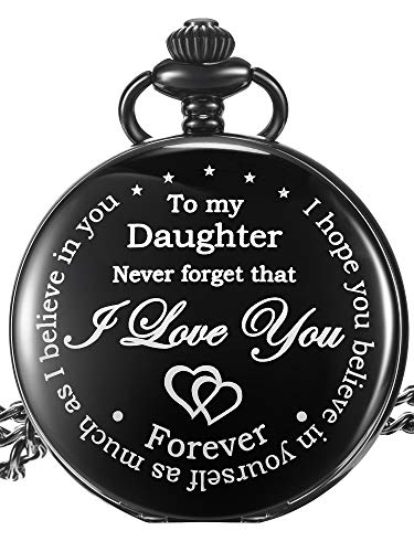 Product Cover Pangda Inspirational Gift to My Daughter Never Forget That I Love You Steel Pocket Watch, Personalized Daughter Gift from Mom Dad (Daughter Gifts, Black Dial)