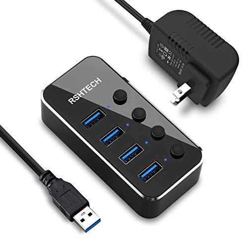 Product Cover USB Hub 3.0 Powered RSHTECH 4 Port USB Splitter Portable Aluminum Data Hub with Individual On/Off Switch