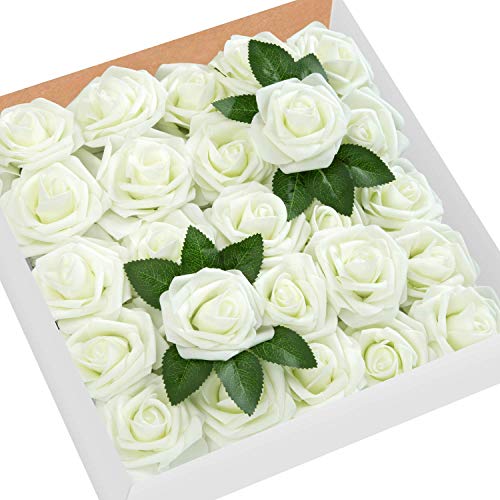 Product Cover MoonLa Artificial Flowers Ivory Roses 50pcs Real Looking Fake Flowers Foam Roses w/Stem DIY Wedding Bouquets Centerpieces Baby Shower Party Home Decorations