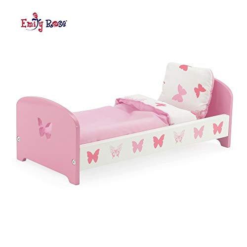 Product Cover Emily Rose 14 Inch Doll Furniture | Lovely Pink and White Butterfly Theme Single Bed, Includes Plush Reversible Bedding | Fits 14