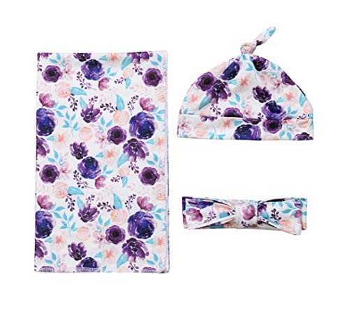 Product Cover Newborn Baby Floral Swaddle Blanket Headband Soft Baby Receiving Blankets (Purple)