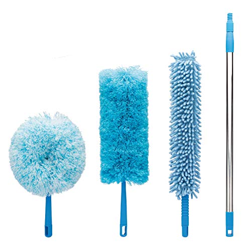 Product Cover 4pcs Best Microfiber Duster With Extension Pole, Large Fluffy Cobweb Duster, Extra Large Feather Duster, Hand Duster, High Ceiling & Fan Duster- 4 Foot Telescopic Pole