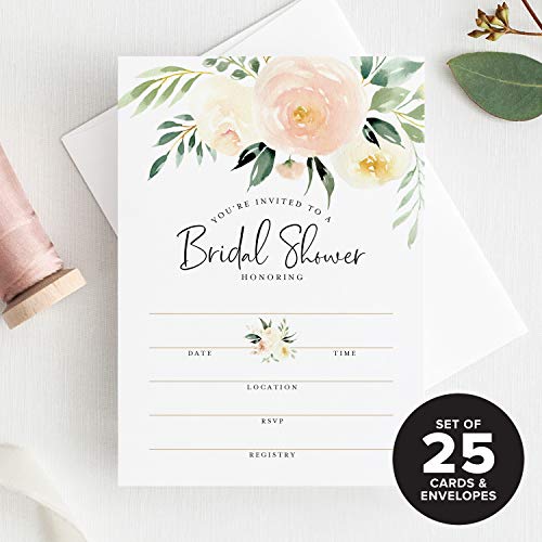 Product Cover 25 Bridal Shower Invitations with Envelopes - coral and greenery watercolor floral fill-in style invites from Bliss Collections (25 Pack)
