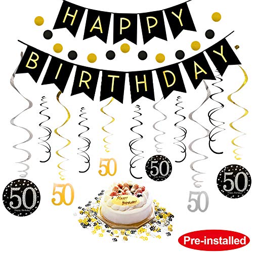 Product Cover 50th Birthday Decorations Kit for Men & Women 50 Years Old Party, NO Assembly Required - Black Gold Happy Birthday Banner, Hanging Swirls, Circle Dots Hanging Decoration, Number 50 Table Confetti