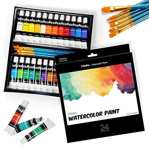Product Cover Watercolor Paint Set by Ohuhu 24 Premium Quality Art Watercolors Painting Kit with 6 Painting Brushes for Artists, Students Beginners - Perfect for Landscape Portrait Paintings on Canvas (24 x 12ml)