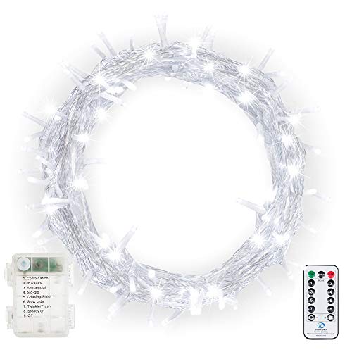 Product Cover Fairy String Lights, Ollny 100 LED 33ft Battery Powered Waterproof Outdoor Christmas LED Starry String Light with Remote Control Timer 8 Modes for Bedroom Wedding Party Patio Home Indoor Cool White