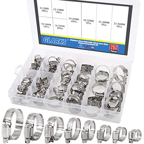 Product Cover Glarks 65-Pieces 304 Stainless Steel Adjustable 8-44mm Range Worm Gear Hose Clamps Assortment Kit, Fuel Line Clamp for Water Pipe, Plumbing, Automotive and Mechanical Application