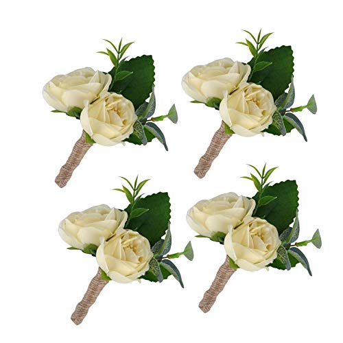 Product Cover YSUCAU Handcrafted Boutonniere with Pin for Men Wedding, Brooch Bouquet Corsage Classic Artificial Groom Groomsmen Bride Silk Flowers for Wedding Prom Party 4 Pcs (Ivory-4pk)