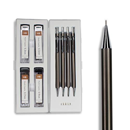 Product Cover Mechanical Pencil Set with Case - 4 Sizes: 0.3, 0.5, 0.7 & 0.9 mm, 30 HB Lead refills each & 4 Eraser Refills - Drafting, Sketching, Illustrations, Architecture (Metal) - MozArt Supplies