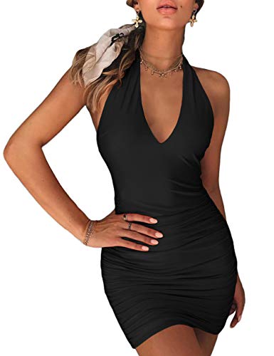 Product Cover NAFOUR Women's Halter Backless Bandage Dress Low Cut Ruched Bodycon Cocktail Club Mini Dress