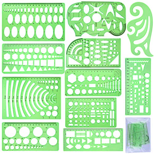 Product Cover SIQUK 11 Pieces Geometric Drawings Templates Plastic Clear Green Plastic Rulers with 1 Pack Poly Zipper Envelopes for Studying, Designing and Building