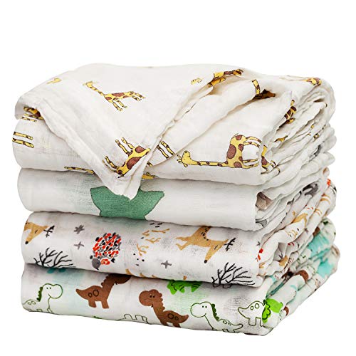Product Cover upsimples Baby Swaddle Blanket Unisex Swaddle Wrap Soft Silky Bamboo Muslin Swaddle Blankets Neutral Receiving Blanket for Boys and Girls, 47 x 47 inches, Set of 4 - Fox/Elephant/Giraffe/Dinosaur