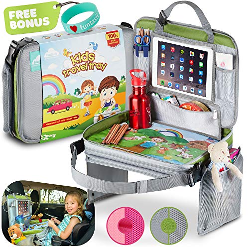 Product Cover funtasit Kids Travel Tray All-in-One Carry Bag, Play Table, Storage and Tablet Holder with Detachable Back - Side Pockets - Sturdy, Leakproof, Easy Clean. Gray/Silver/Green. Bonus Bracelet