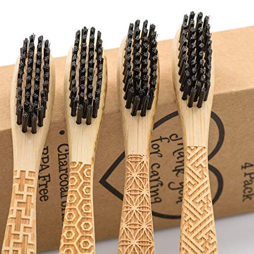 Product Cover Natural Bamboo Toothbrush with Charcoal Bristle - 4 Pack - BPA Free and Biodegradable - Environmentally Friendly Toothbrushes - Gift with Beautiful Engraver - Zero Waste and Vegan Compostable Products