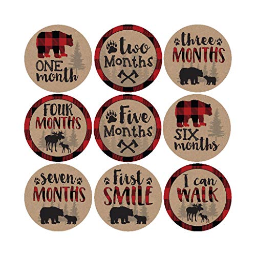 Product Cover 16 Woodland Bear Baby Milestone Stickers, Rustic Winter 12 Monthly Photo Picture Props For Boy or Girl Infant Onesie, 1st Year Months Belly Decal, Scrapbook Memory Registry Gift Lumberjack Shower Idea