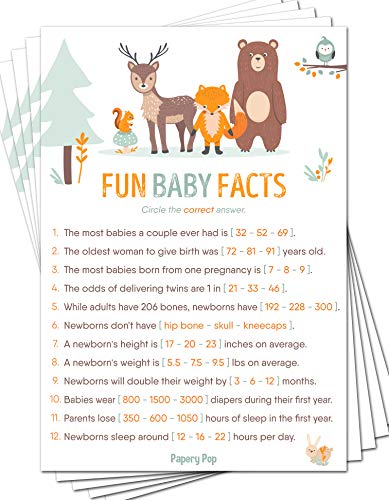 Product Cover Fun Baby Facts Game Cards (Pack of 50) - Baby Shower Games Ideas for Boy or Girl - Party Activities Supplies - Woodland