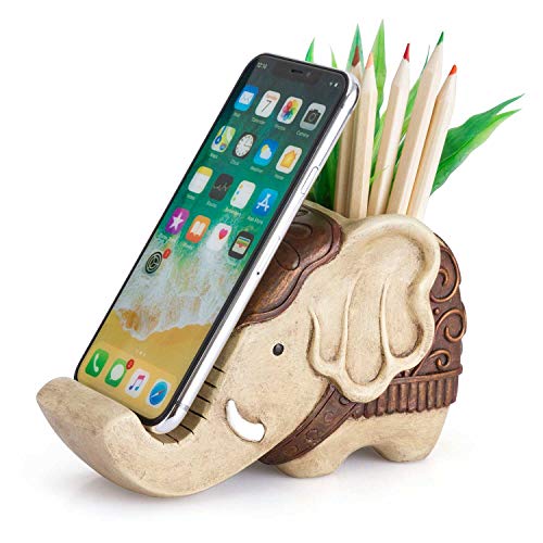 Product Cover Pen Pencil Holder with Phone Stand, Coolbros Resin Elephant Shaped Pen Container Cell Phone Stand Carving Brush Scissor Holder Desk Organizer Decoration for Office Desk Home Decorative