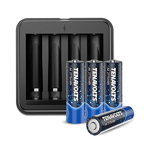Product Cover TENAVOLTS Rechargeable AA Battery Lithium 2775 mWh AA Rechargeable Batteries, Constant Output at 1.5V, Quick Charge Less Than 2 Hours, 2775 mWh Electrical core Power - 4 Counts with Charger