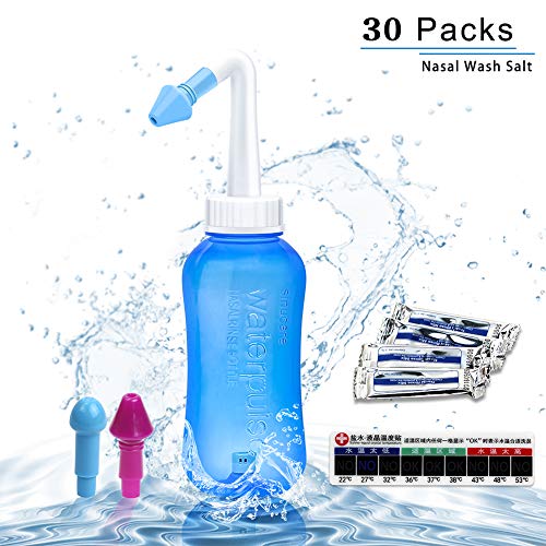 Product Cover Neti Pot Sinus Rinse Bottle Nose Wash Cleaner Pressure Rinse Nasal Irrigation for Adult & Kid BPA Free 300 ML with 30 Nasal Wash Salt Packets and Sticker Thermometer