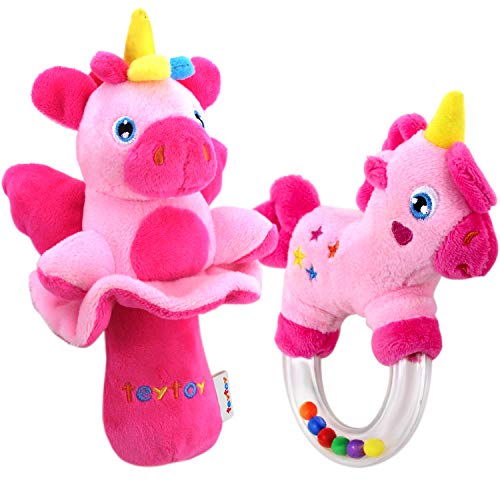 Product Cover teytoy 2pcs Soft Baby Rattles, Pink Horse & Angel Pig Baby Girl Toy 3 6 9 12 Month Baby Shower