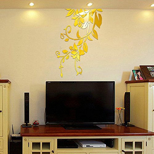 Product Cover Quaanti 3D DIY Acrylic Wall Sticker Modern Stickers Ornament Leaves Pattern Decoration Home Decor (Gold)
