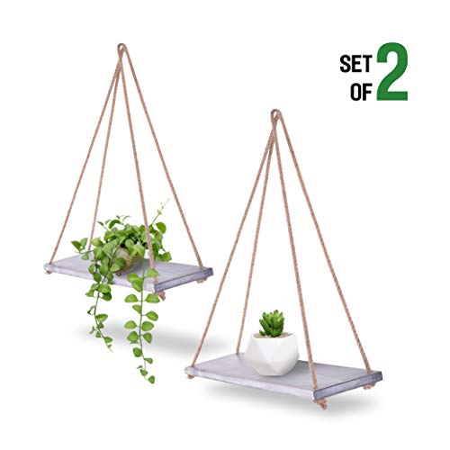 Product Cover ASLINY [Set of 2 Distressed Wood Hanging Swing Rope Floating Shelves (Rustic White)
