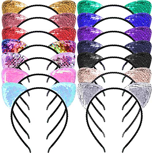 Product Cover SIQUK 14 Pieces Cat Ear Headbands Reversible Shiny Sequin Hairband Kitty Headband Shine Sequins Hair Hoops for Women and Girls, 14 Colors (Bonus: 1 Pc Storage Bag)